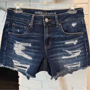 American Eagle Outfitters Dark Blue Distressed Midi Jean Shorts